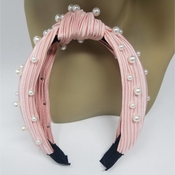 Blush Pearl Knot Pleated Silk Headband Crown Headpiece - Picture 6 of 9